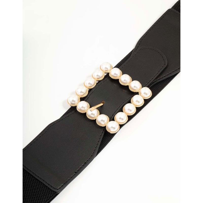 Black Fabric & Pearl Buckle Stretch Belt