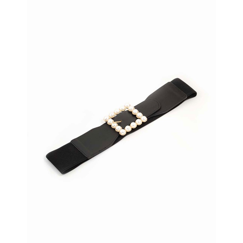 Black Fabric & Pearl Buckle Stretch Belt