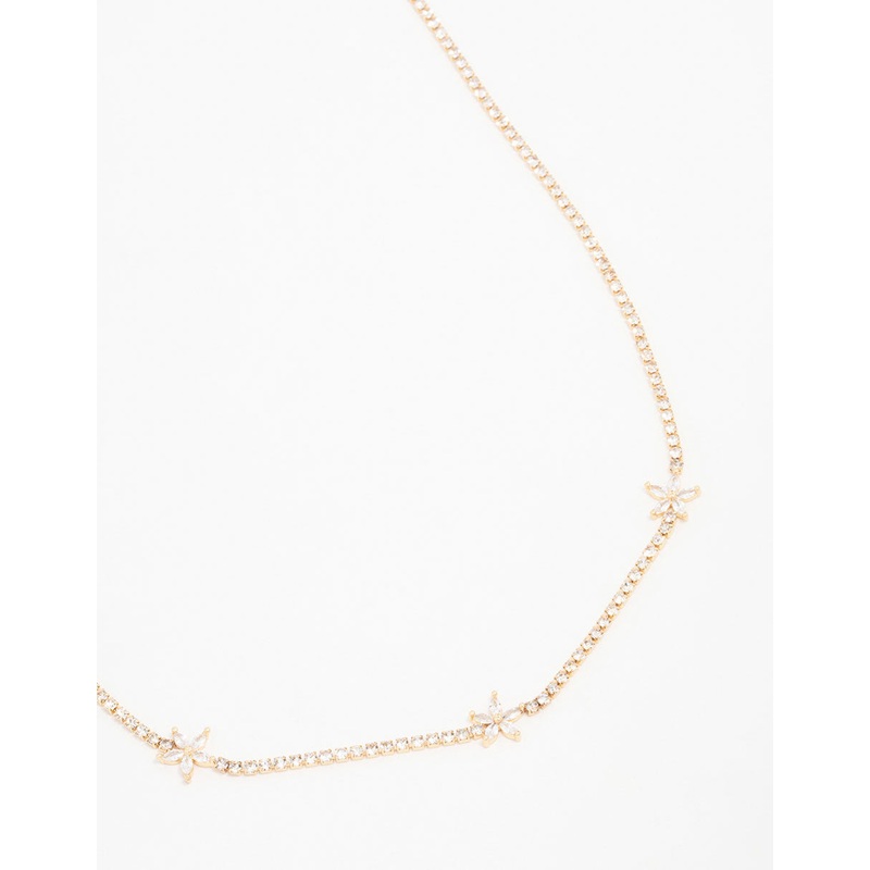 Gold Plated Cubic Zirconia Flower Tennis Necklace