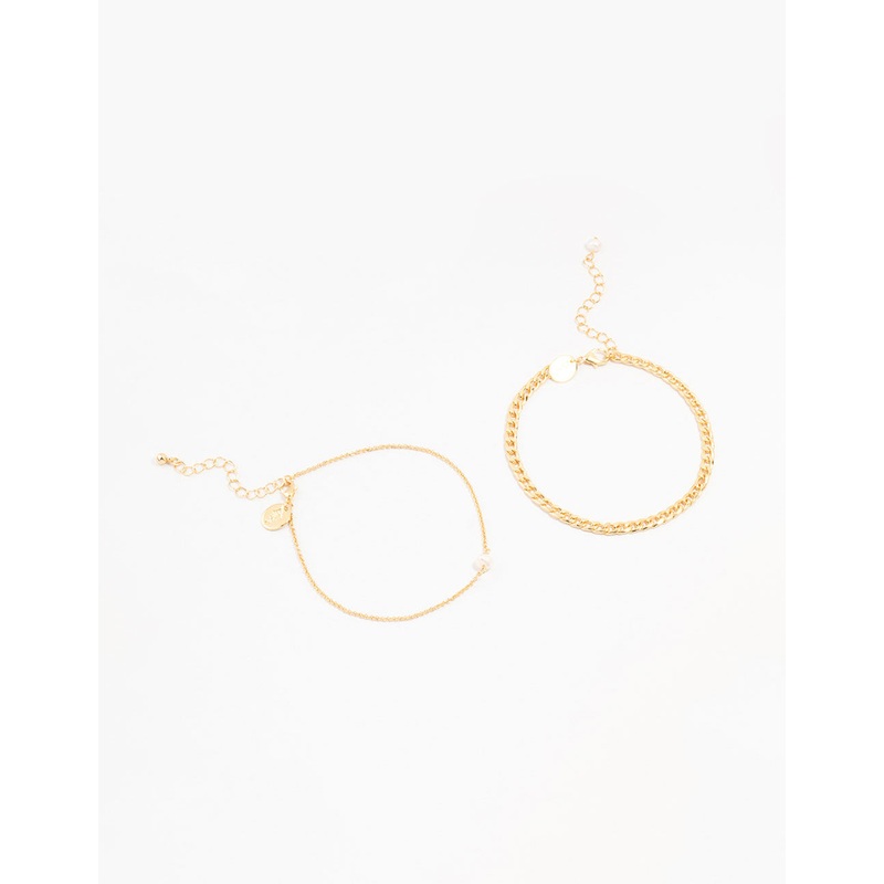 Gold Plated Pearl Curb Anklets 2-Pack