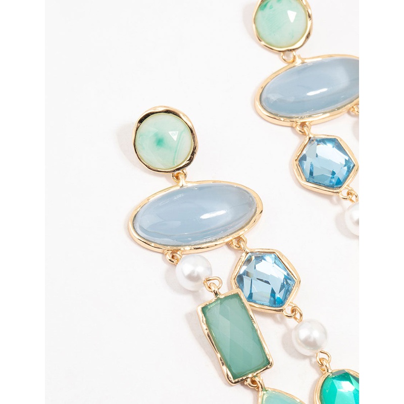 Large Multirow Blue Stones Drop Earrings