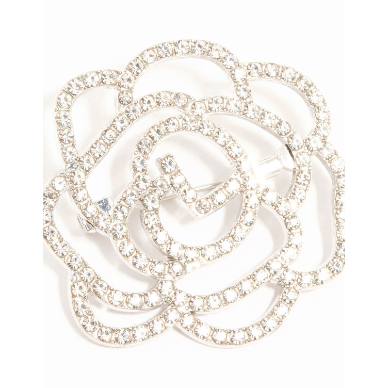 Silver Diamante Cutout Flower Brooch