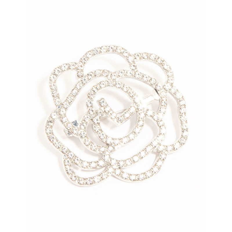 Silver Diamante Cutout Flower Brooch