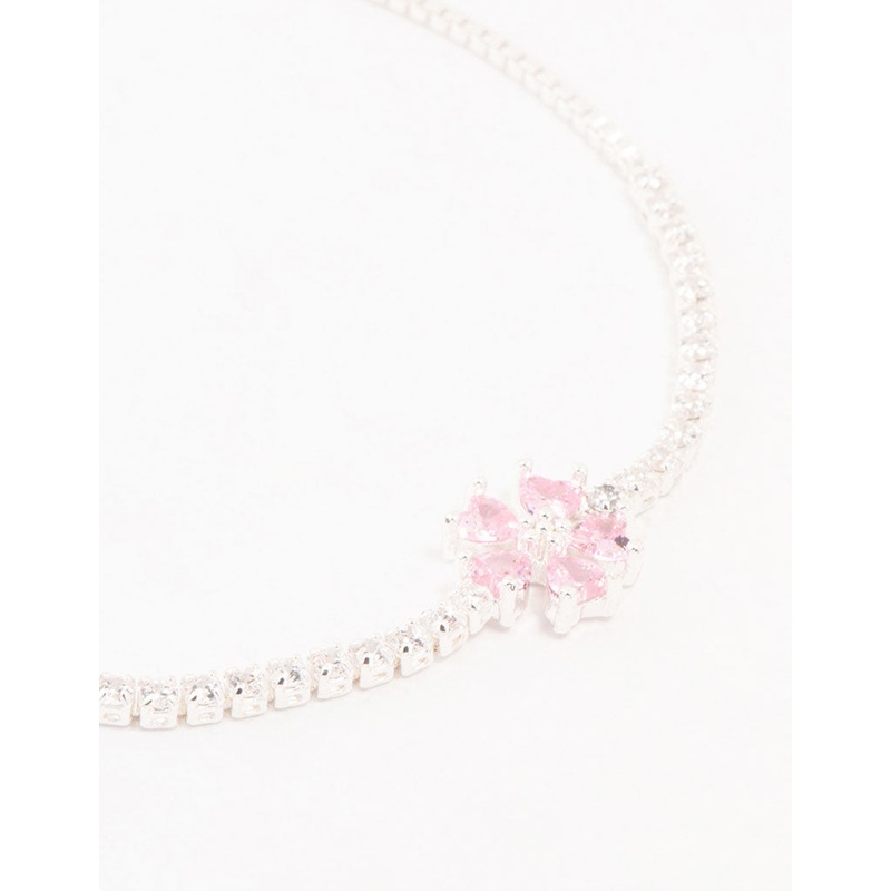 Silver Pink Cubic Zirconia Flower Tennis Bracelet