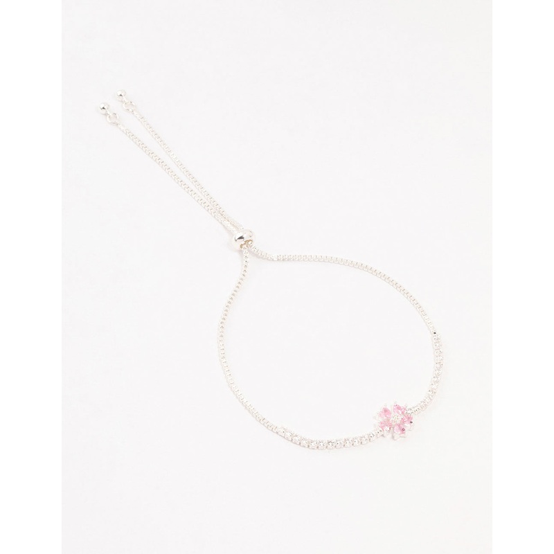 Silver Pink Cubic Zirconia Flower Tennis Bracelet
