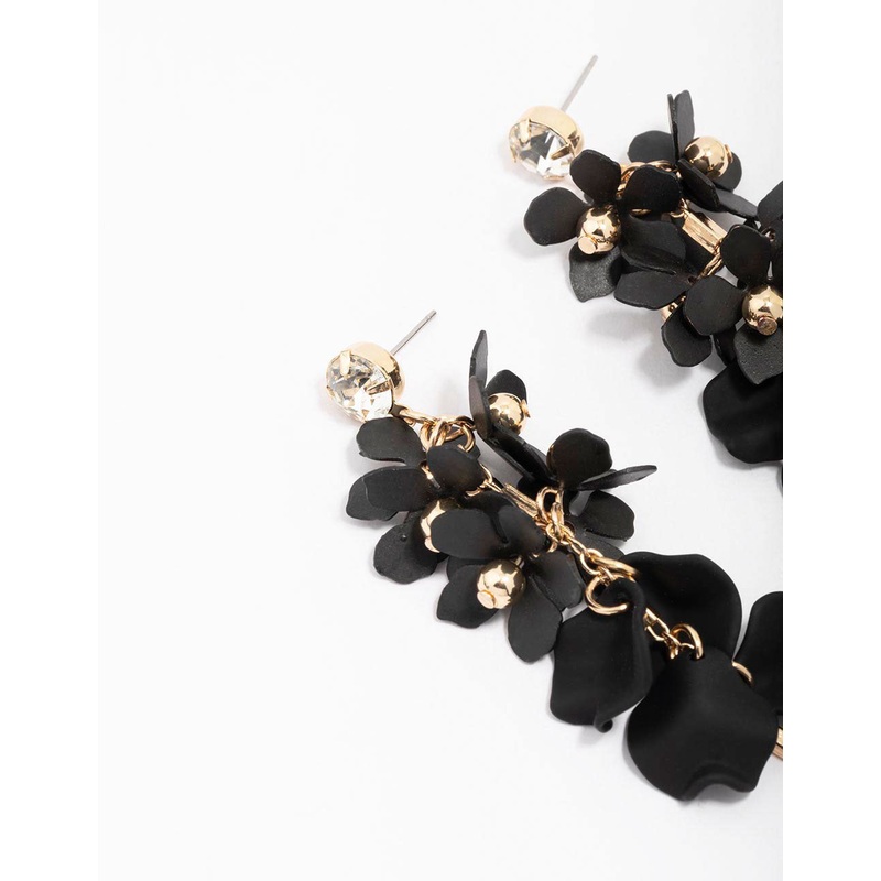 Gold & Black Petal Diamante Chain Drop Earrings