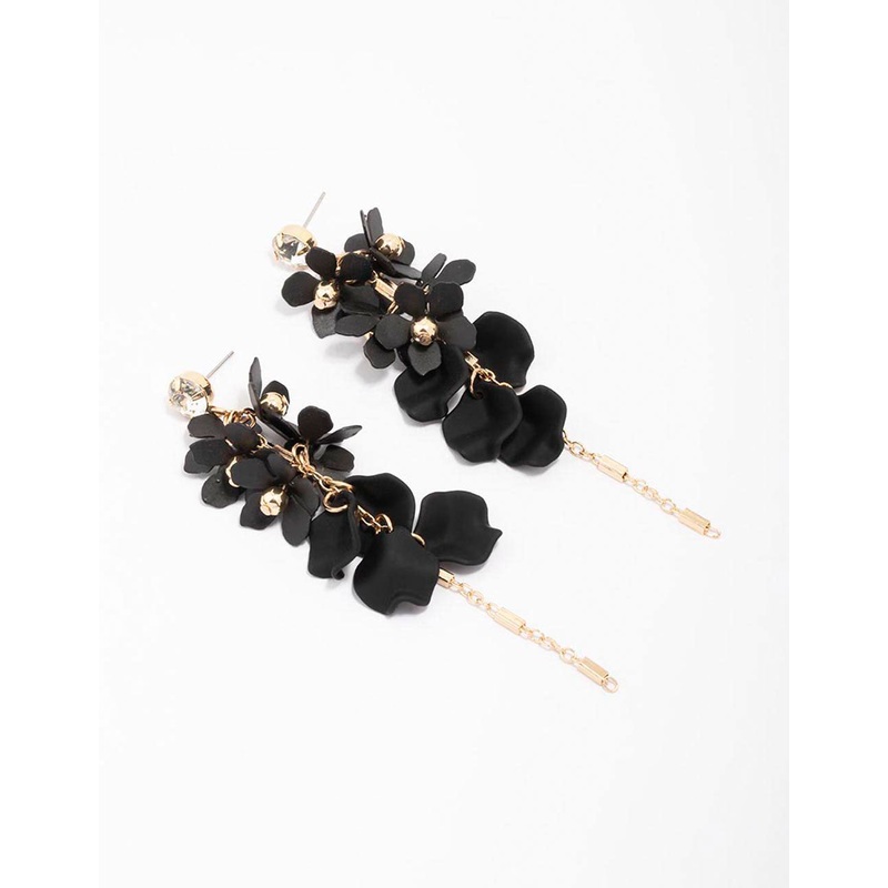 Gold & Black Petal Diamante Chain Drop Earrings