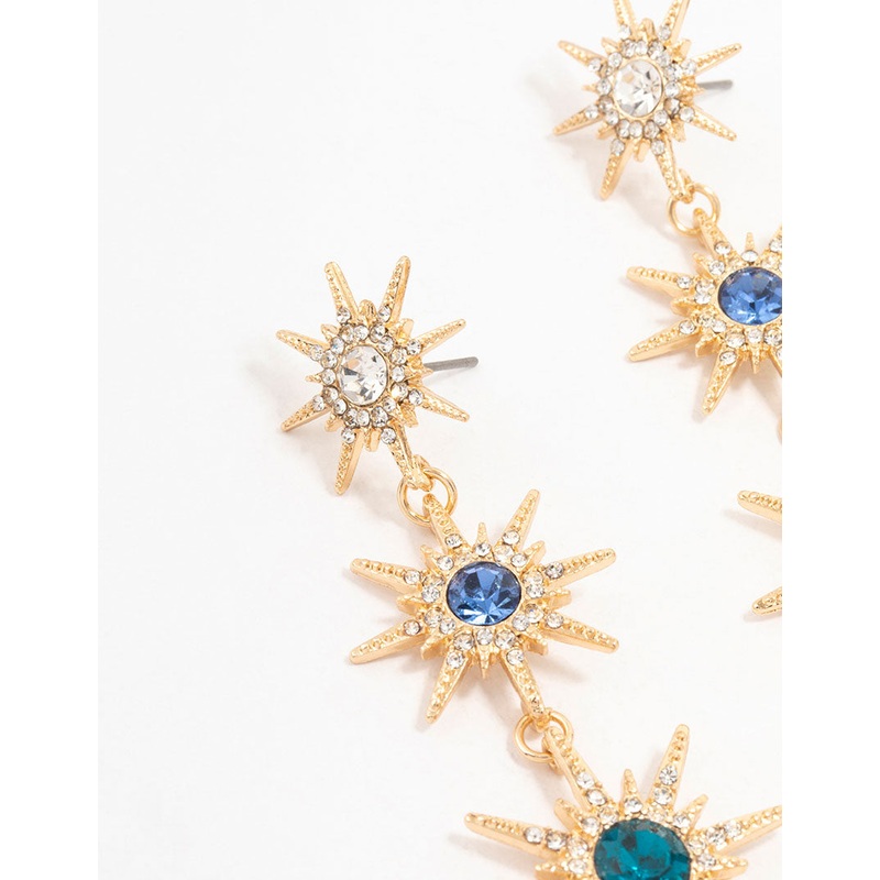 Gold Blue & Silver Cluster Stone Set Star Drop Earrings
