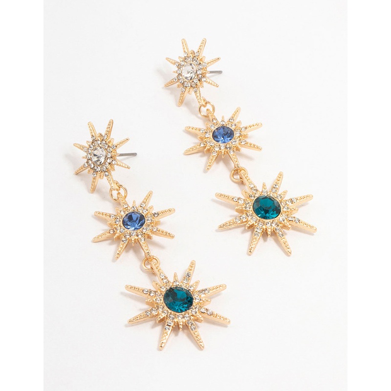 Gold Blue & Silver Cluster Stone Set Star Drop Earrings