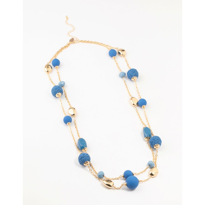 Gold & Blue Straw Beads Necklace