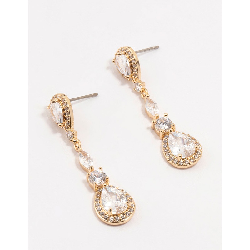 Gold Cubic Zirconia Pear Halo Drop Earrings