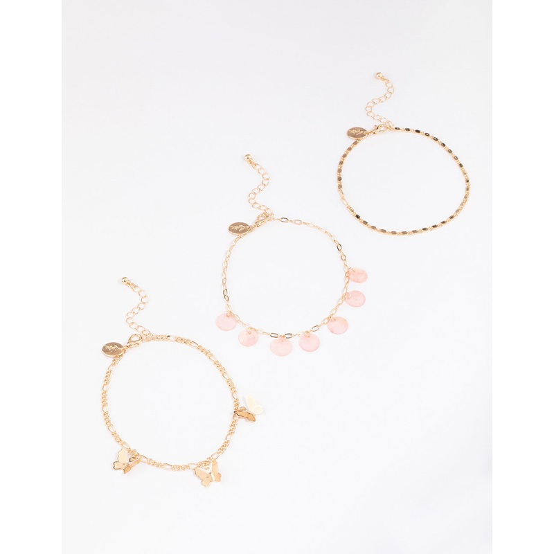 Gold Genuine Shell Butterfly Anklets 3-Pack