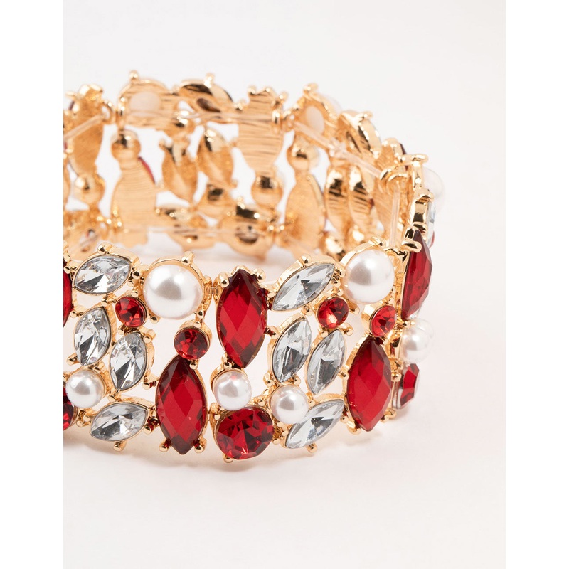 Gold Marquise Pearl & Red Diamante Stretch Bracelet