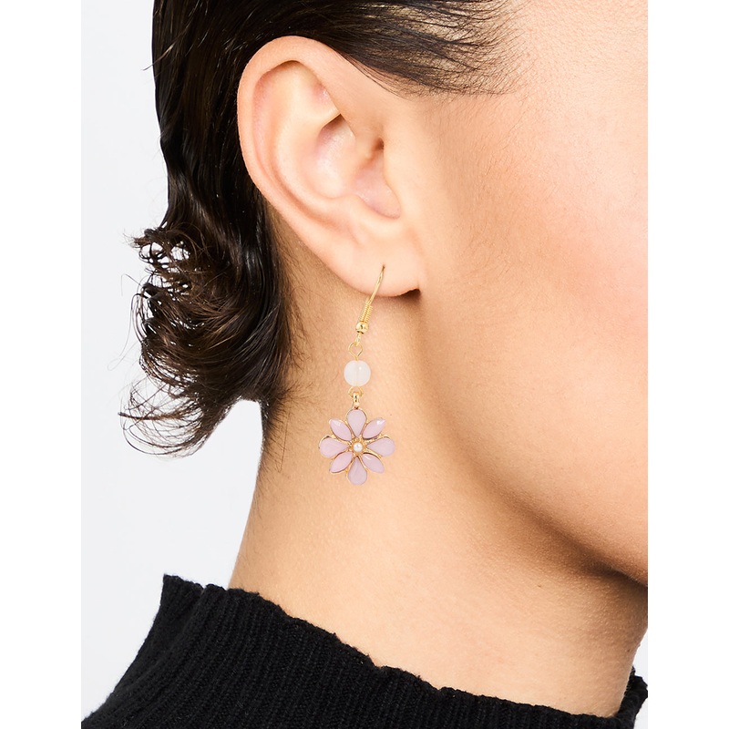 Gold & Pink Beaded Diamante Flower Drop Earrings