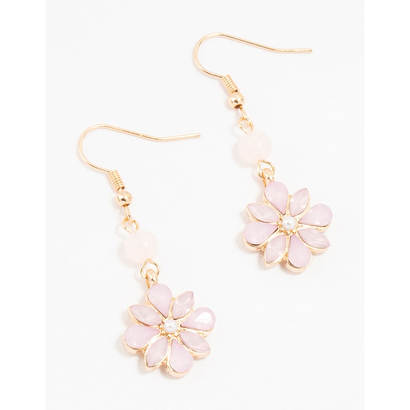 Gold & Pink Beaded Diamante Flower Drop Earrings