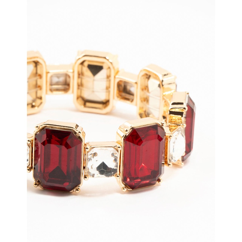 Gold Red Rectangular & Square Diamante Stretch Bracelet