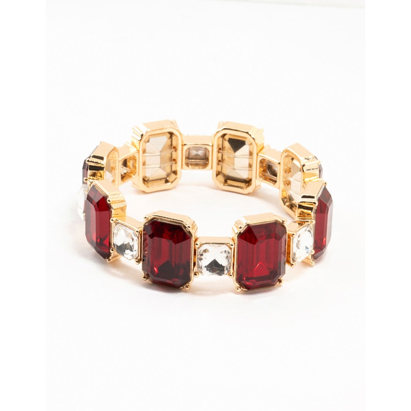 Gold Red Rectangular & Square Diamante Stretch Bracelet