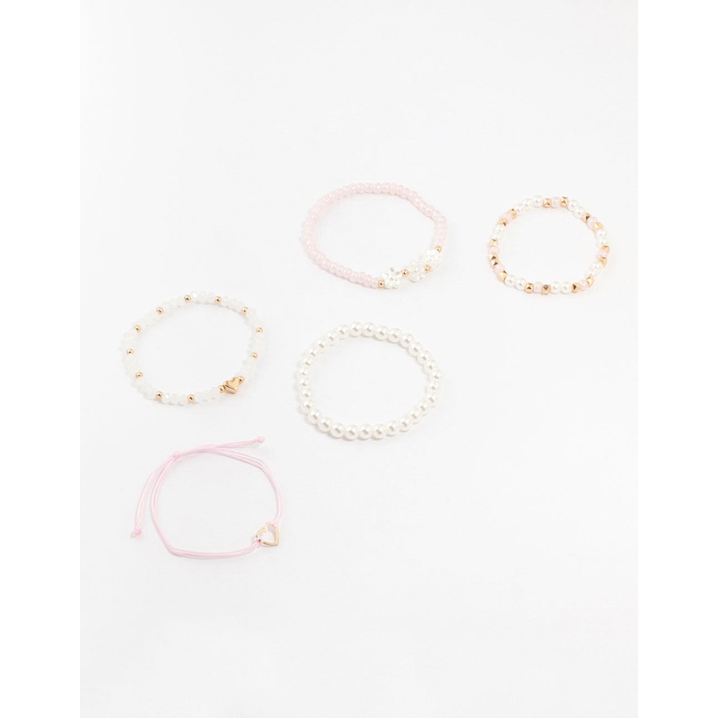 Kids Beaded Pink Heart Stretch Bracelets 5-Pack