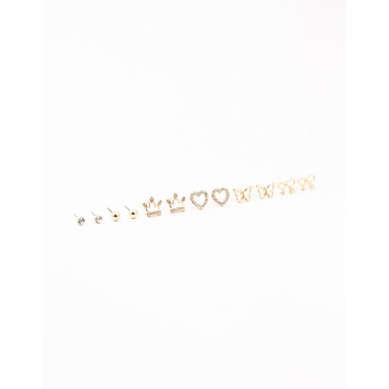 Kids Gold Diamante & Heart Stud Earrings Pack