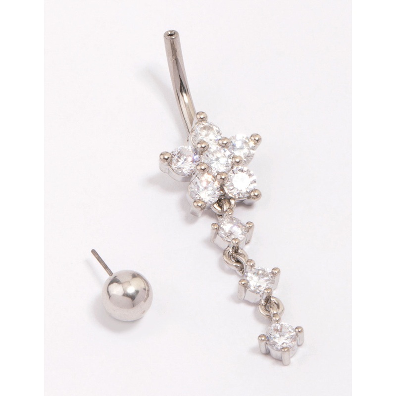 Titanium Cubic Zirconia Flower Triple Belly Piercing
