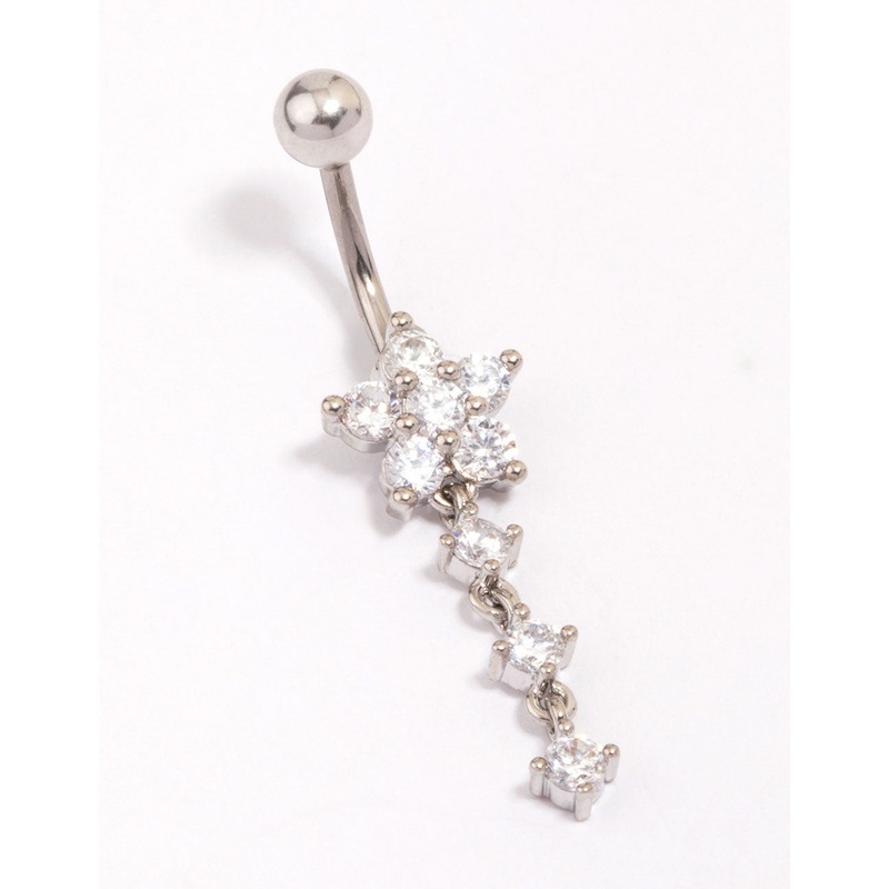 Titanium Cubic Zirconia Flower Triple Belly Piercing