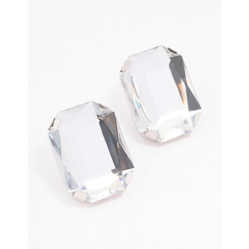 Silver Large Diamante Stud Clip On Earrings