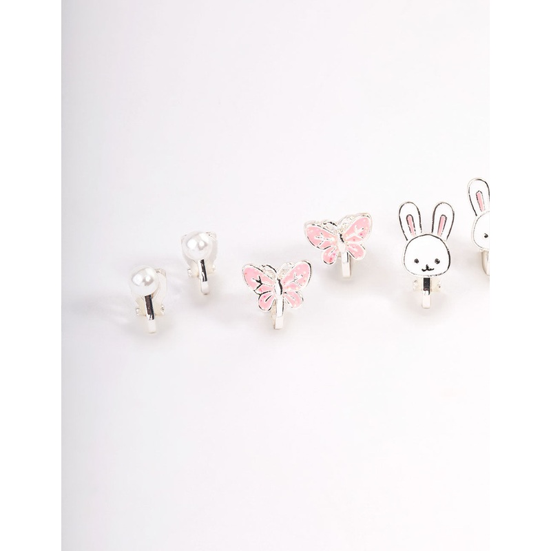 Kids Bunny Flower Clip On Earrings 6-Pack