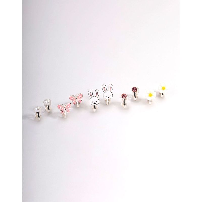 Kids Bunny Flower Clip On Earrings 6-Pack