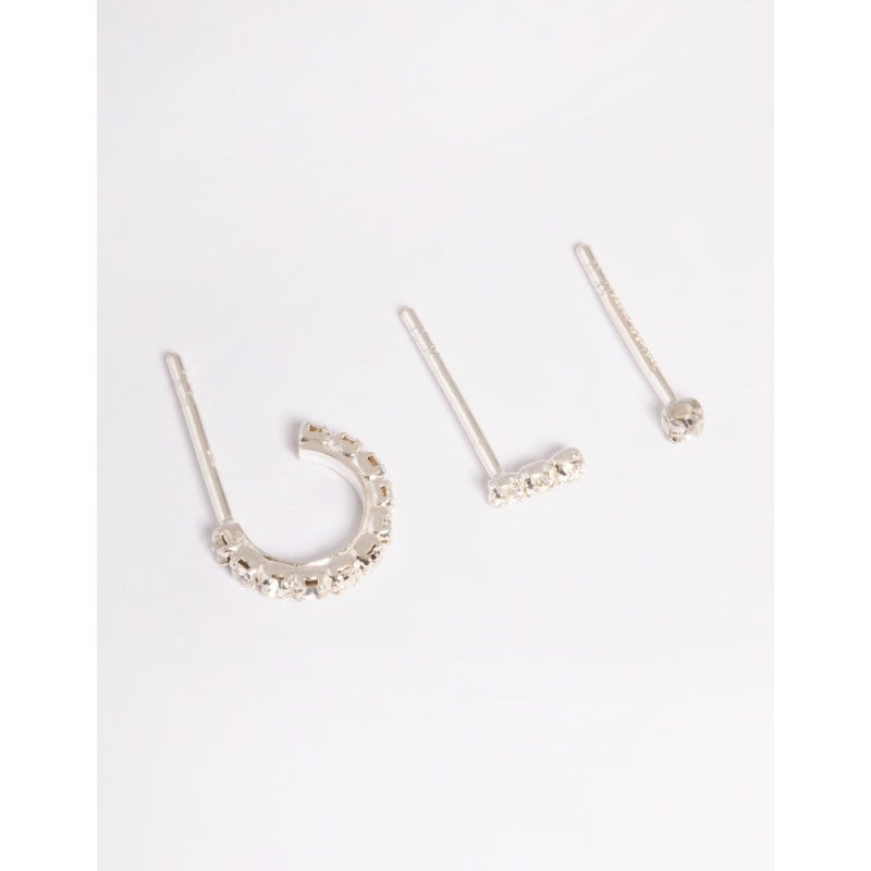 Sterling Silver Cubic Zirconia Curve Earring Stud Pack