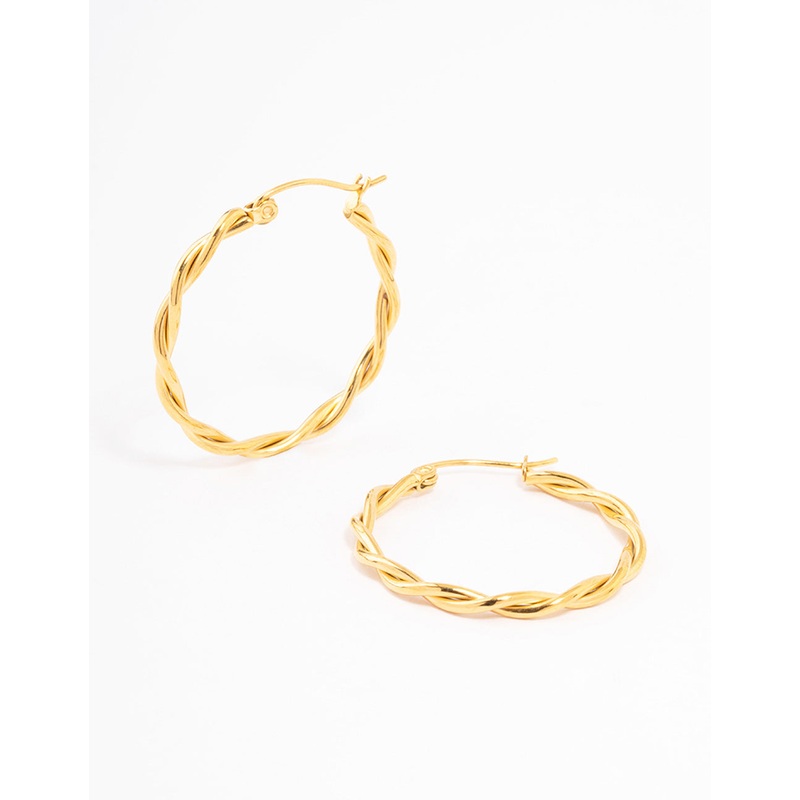Waterproof Gold Plated Stainless Steel Medium Thin Twisted Hoop Earrings