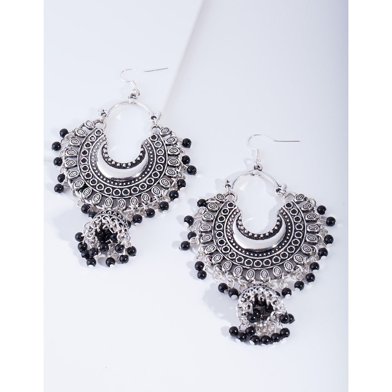 Antique Silver Black Beaded Drop Jhumka Earrings