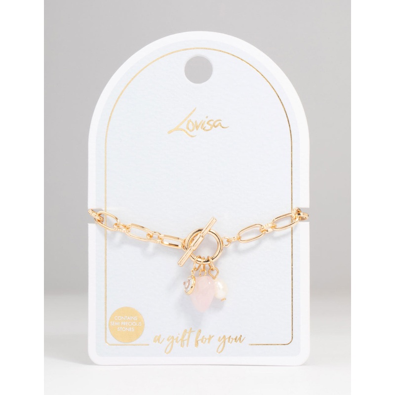 Gold Pearl Rose Quartz Heart Charm T & O Bracelet