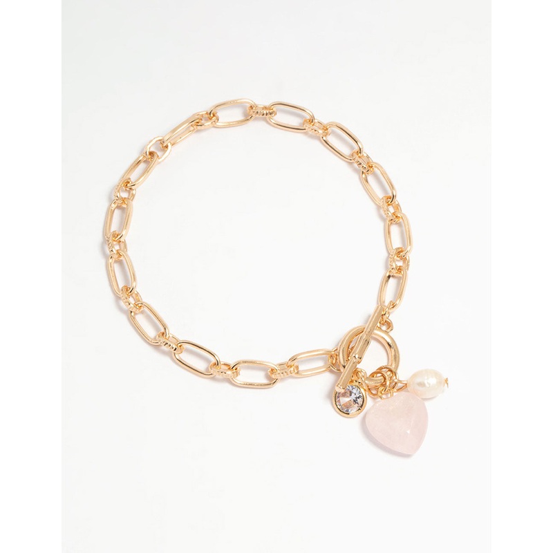 Gold Pearl Rose Quartz Heart Charm T & O Bracelet