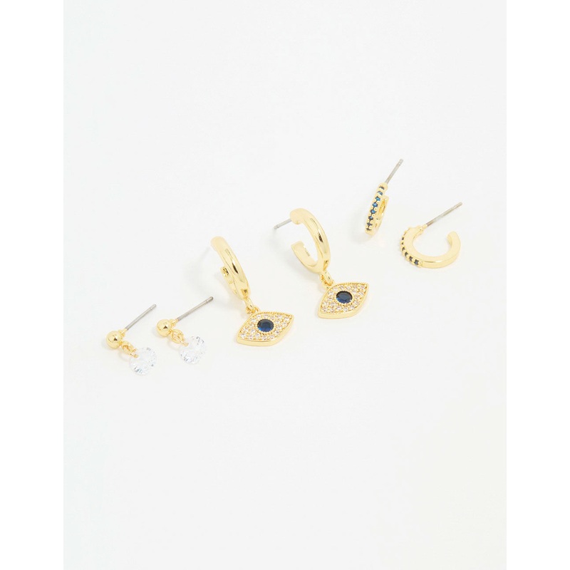 Gold Plated Cubic Zirconia Evil Eye Earrings 3-Pack