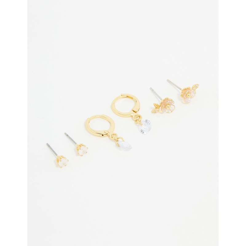 Gold Plated Cubic Zirconia Floral Drop Earrings 3-Pack