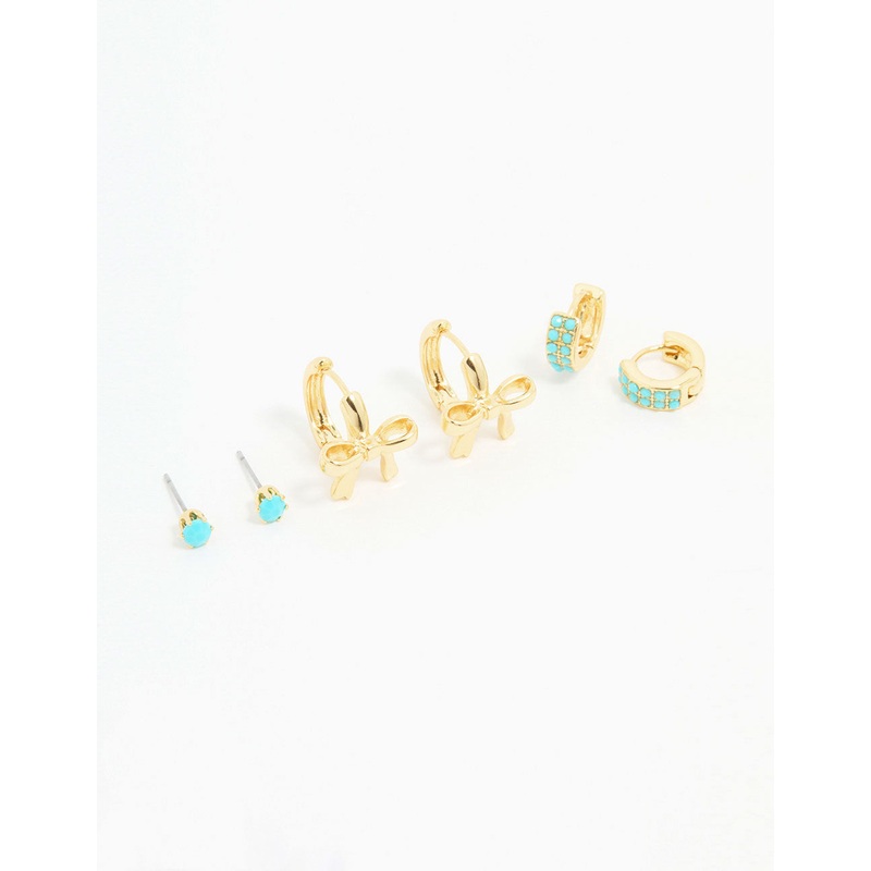 Gold Plated Turquoise Bead & Bow Earrings 3-Pack