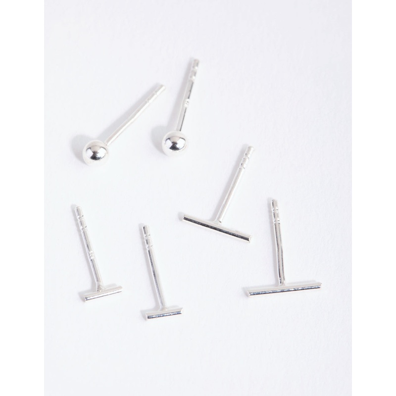 Sterling Silver Bar Polished Ball Earrings Trio