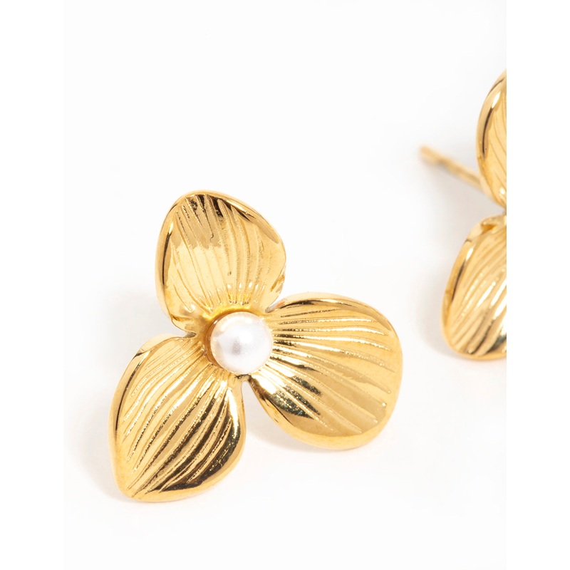 Waterproof Gold Plated Stainless Steel Pearl Flower Stud Earrings