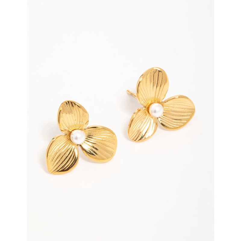 Waterproof Gold Plated Stainless Steel Pearl Flower Stud Earrings