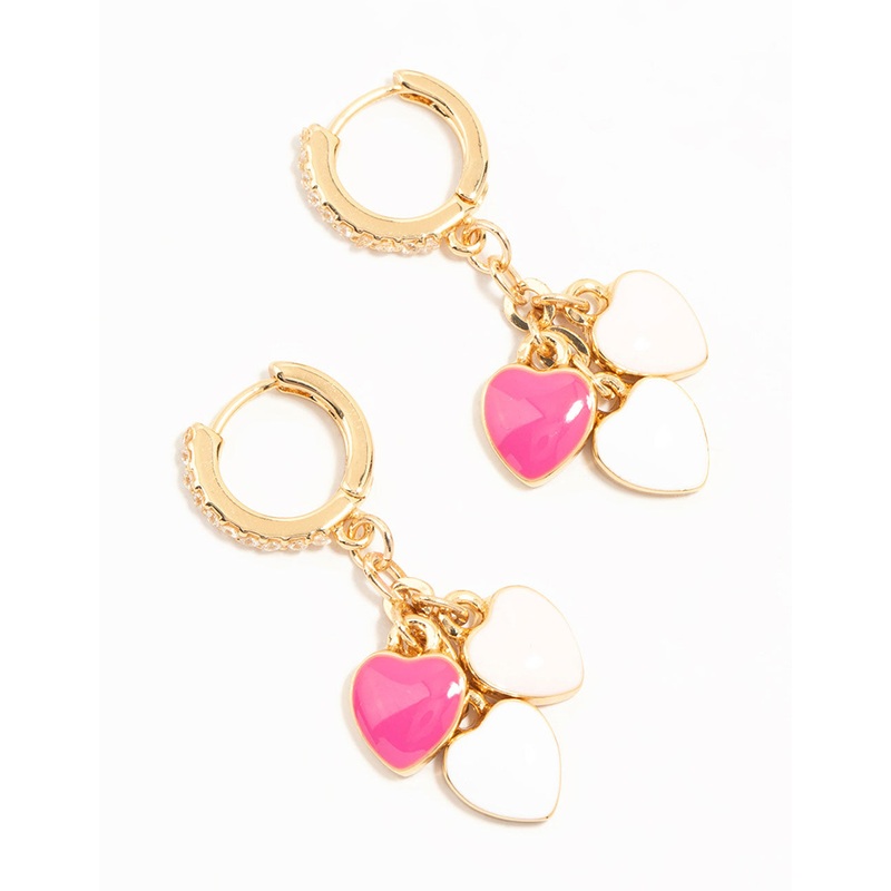 Gold Plated Pink & White Heart Huggie Earrings