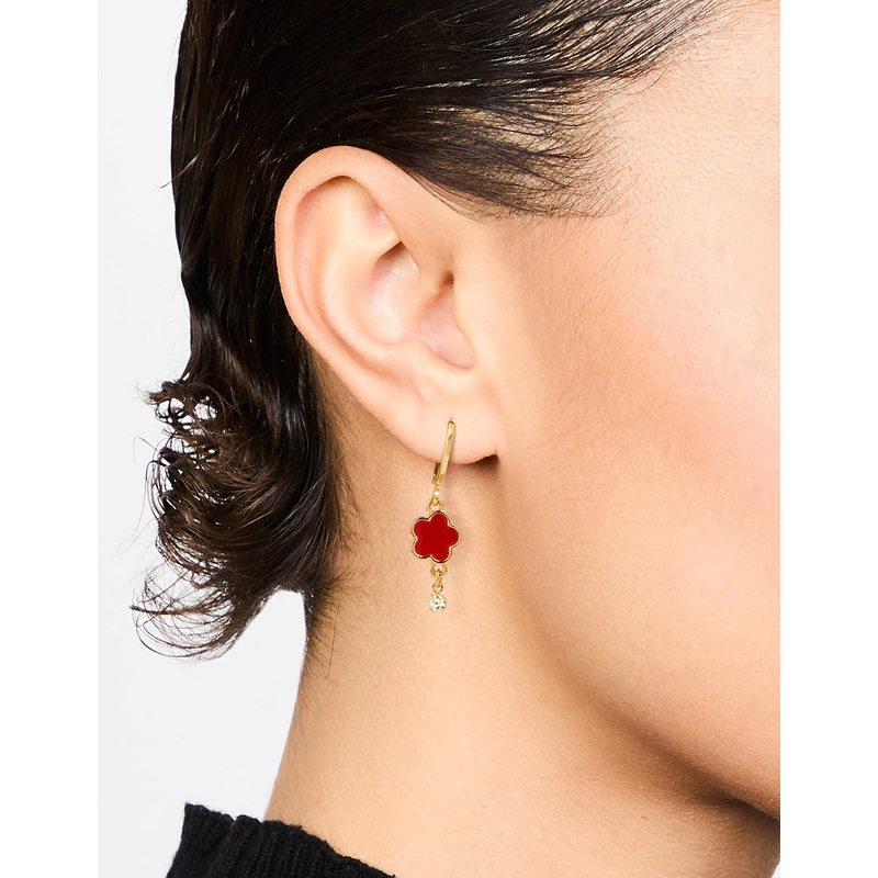 Gold Plated Red Cubic Zirconia Floral Droplet Earrings