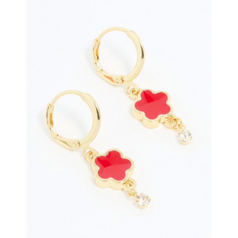 Gold Plated Red Cubic Zirconia Floral Droplet Earrings