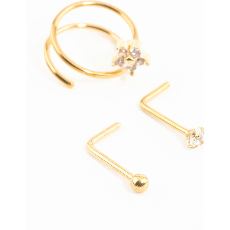 Gold Plated Surgical Steel Mini Cubic Zirconia Flower Nose Stud & Ring 3-Pack