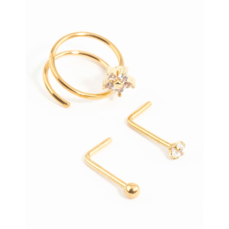 Gold Plated Surgical Steel Mini Cubic Zirconia Flower Nose Stud & Ring 3-Pack