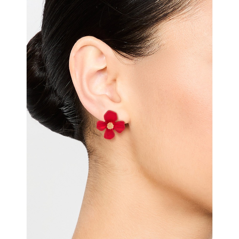 Gold Red Pearlised Flower Stud Earrings