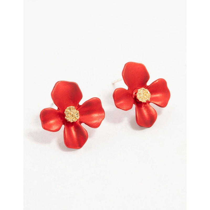 Gold Red Pearlised Flower Stud Earrings