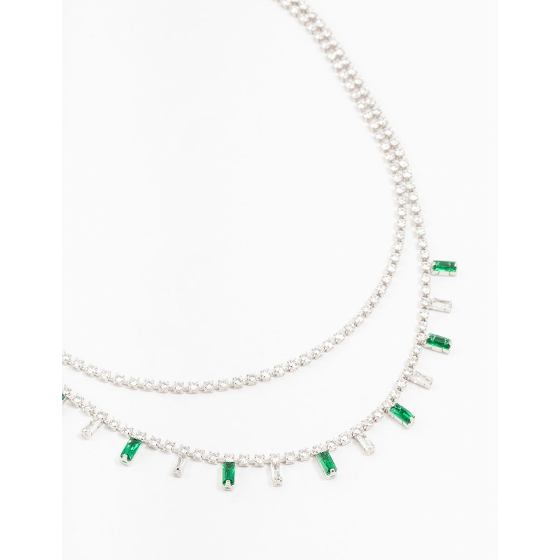 Silver Baguette Green & Silver Cubic Zirconia Stones Layered Necklace