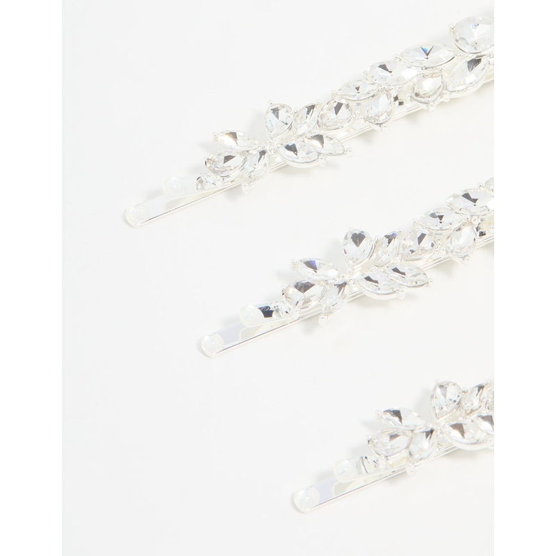 Silver Diamante Leafy Hair Slides 3-Pack