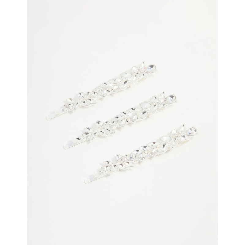 Silver Diamante Leafy Hair Slides 3-Pack