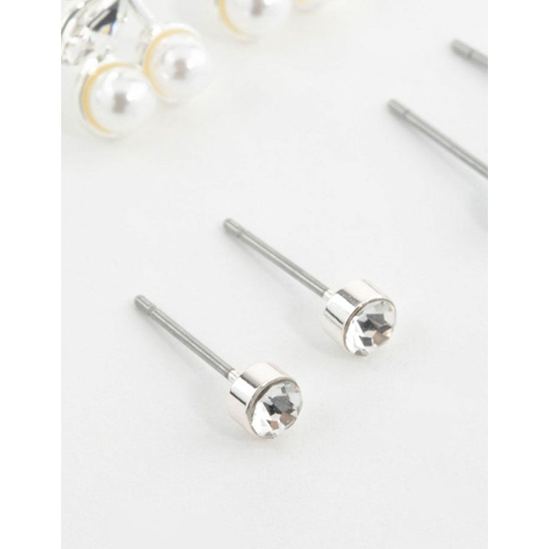 Silver Pearl Diamante & Cherry Earrings 3-Pack